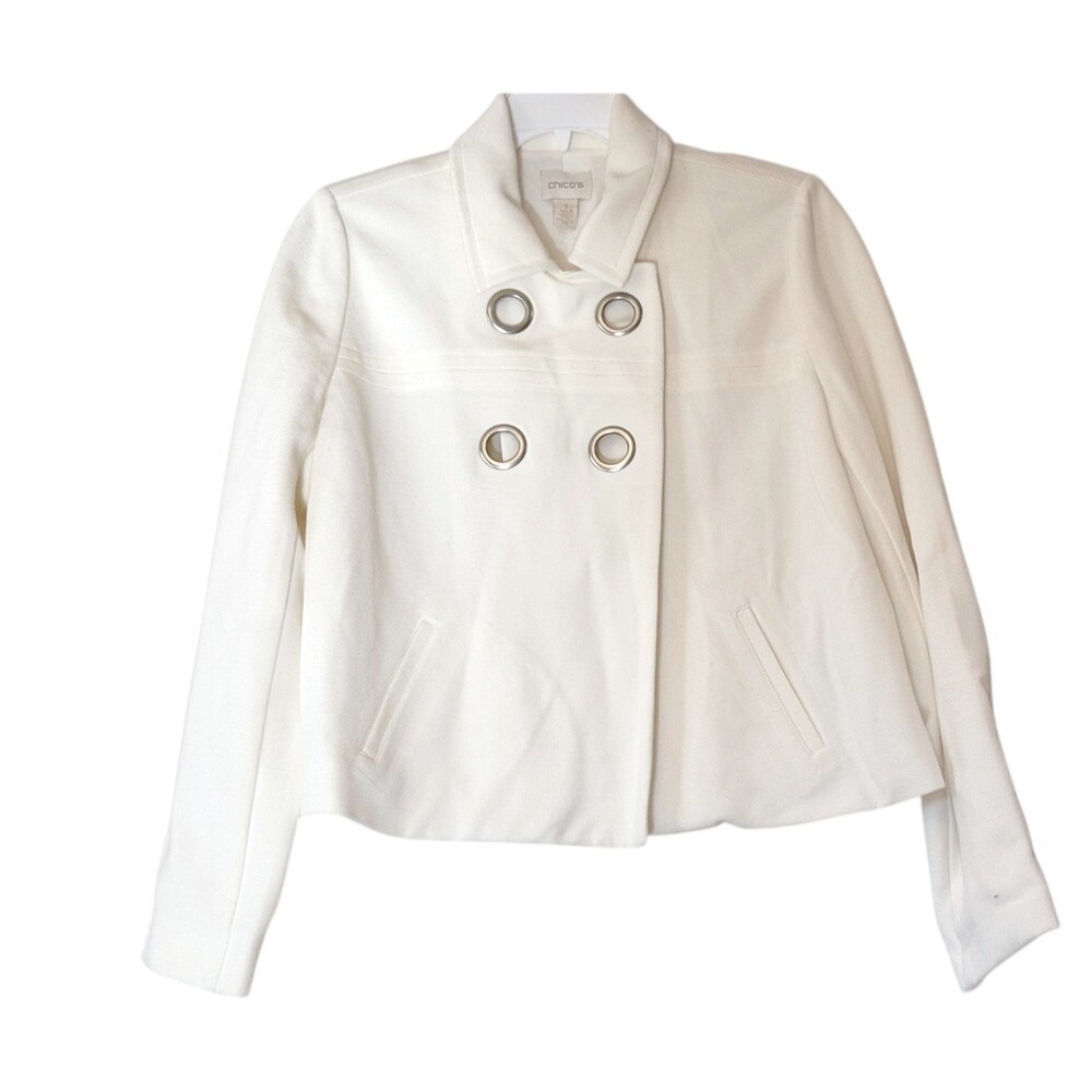 Chicos Cream Off White Grommet Double Breasted Ponte Knit Jacket Size 1 Medium